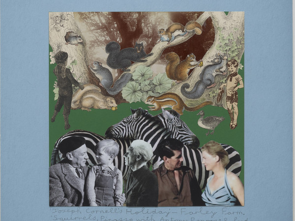 Peter Blake Joseph Cornell’s Holiday – England, Farley Farm. Squirrels, Picasso with Antony Penrose, Roland & Lee, 2019. Collage, 30x30 cm.
