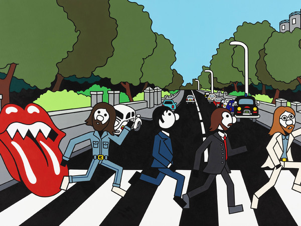 Fabrizio Berti, The Beatles chased by the mouth of Rolling Stones in Abbey Road, 2021, acrilico su tela, cm. 80x120,