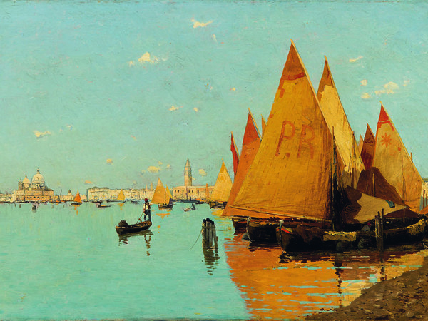 Guglielmo Ciardi, Vele in laguna. Olio su tela, cm 34,5 x 55. Padova, collezione privata