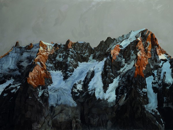 Marco Bettio, Accadono grandi cose quando uomini e montagne si incontrano, 2023, olio su tavola, cm. 120x200 