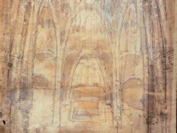 Antoni Gaudí, Chiesa della Colònia Güell, interno, 1908-10. Carboncino, acquerello e gouache su carta eliografica, mm 595 x 465. Collezione María del Carmen Gómez Navarro