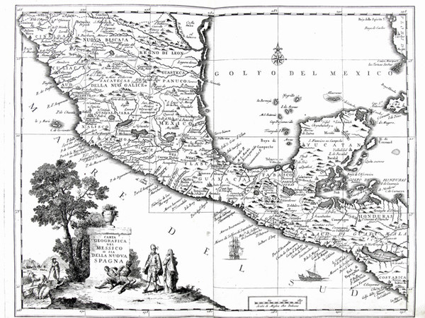 Carta geografica del Messico o sia della Nuova Spagna, presente in Atlante novissimo [..] del sig. Guglielmo de L’Isle, volume primo, edito a Venezia da Albrizzi, 1740-1750