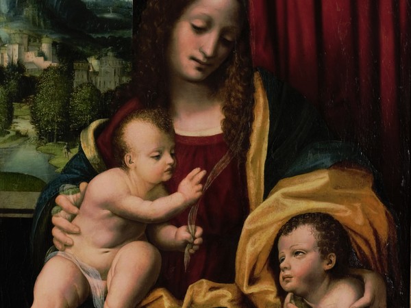 Giovanni Pietro Rizzoli detto Giampietrino,<em> Madonna con Bambino e San Giovannino</em>, Olio su tavola, 54 x 58 cm, Collezione privata