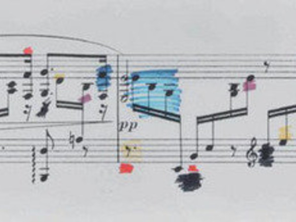 Giuseppe Chiari, Partitura musicale con colore, 1986, tempera e serigrafia su cartoncino, cm 40x100 