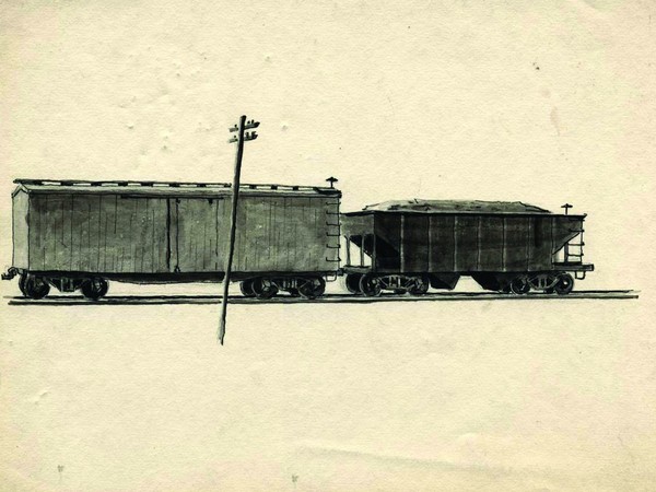 Charles Pollock, <em>Vagoni ferroviari,</em> 1934 c. Inchiostro e acquerellatura su carta. Courtesy of © Charles Pollock Archives.<br />