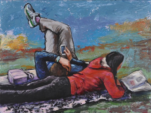 Oscar Piovosi, Letture sull'erba, 2016, acrilico su tela, cm. 60x80