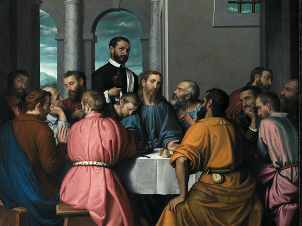 Giovan Battista Moroni, Ultima Cena, 1568-1569, Olio su tela, Romano di Lombardia, Chiesa di Santa Maria Assunta e San Giacomo | Le innovazioni iconografiche leonardesche influenzarono importanti artisti lombardi come il bresciano Moretto, il bergamasco Giovan Battista Moroni e il Romanino