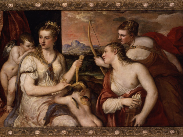 Tiziano, <em>Venere che benda Amore</em>, 1565 ca., olio su tela, 118 x 185 cm. Roma, Galleria Borghese