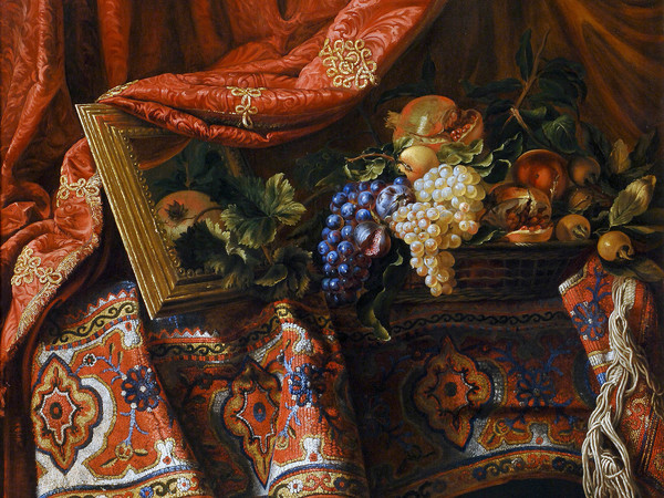 Francesco Noletti detto il Maltese, Cesto di frutta su tappeto, olio su tela, 91 x 110 cm. Collezione privata