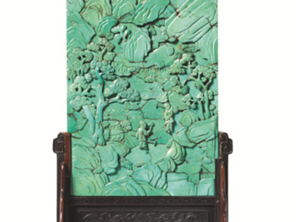 Cina, fine secolo XVIII inizi XIX, PLACCA,  Turchese inciso a bassorilievo, h cm 34
