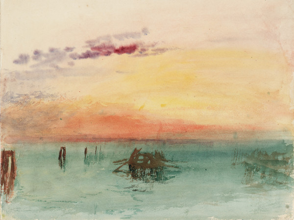 Joseph Mallord William Turner, Venice: Looking across the Lagoon at Sunset, 1840, Acquerello su carta, 304 x 244 mm, Tate, Accepted by the nation as part of the Turner Bequest 1856 | Courtesy of Chiostro del Bramante 2018