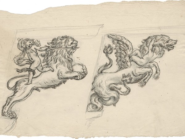 Massimiliano Soldati Benzi, Studi per mensole raffiguranti un putto che trattiene un leone e un putto in lotta con un drago, matita nera, penna e inchiostro bruno. Gabinetto dei Disegni e delle Stampe, Gallerie degli Uffizi, Firenze