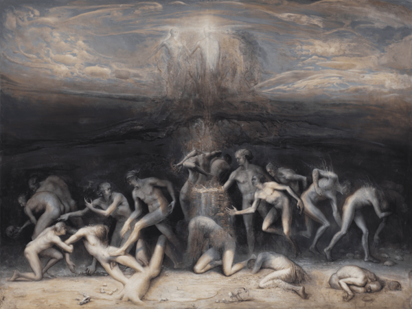 Agostino Arrivabene, Le due morti, dall’omonimo trittico, 2020, encausto su lino, cm. 150x200. Collezione privata