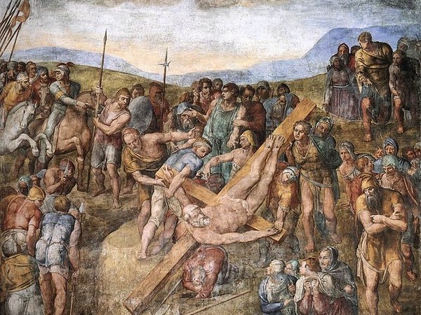Michelangelo Buonarroti, Crocifissione di San Pietro, 1545-1550. Affresco, cm 625 x 662. Cappella Paolina, Vaticano.