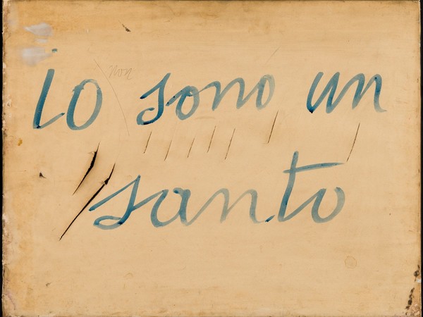 Lucio Fontana, Io Sono un Santo, 1958. Cuts and ink on paper mounted on canvas, 50 × 65 cm