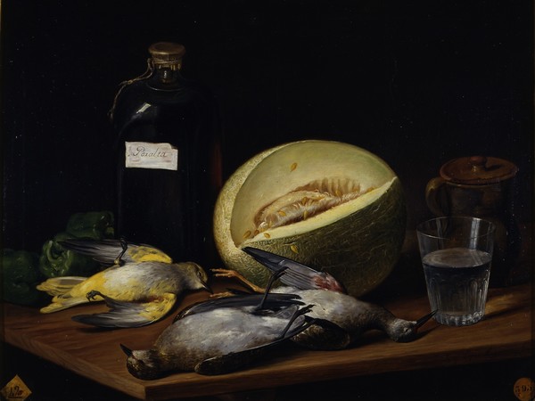 Tomás López Enguídanos (1773 - 1814), Natura morta con Uccelli, Melone e Bottiglia di Vino Peralta, 1807, RABASF Madrid