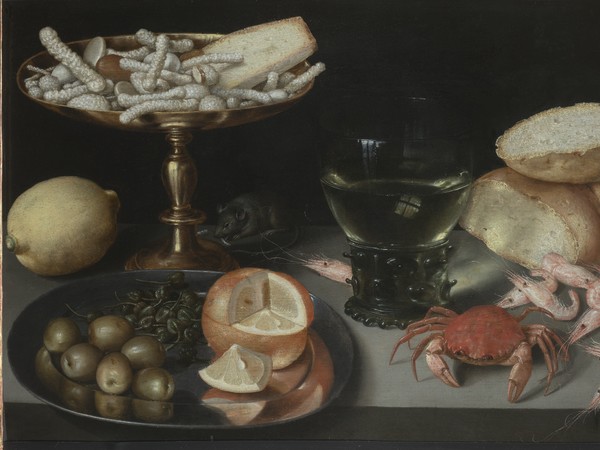 Peter Binoit (1590 - 1632), Natura morta con frutta, dolci, crostacei, un bicchiere e un topo, Musei Reali Torino