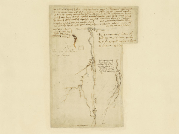 Leonardo da Vinci, <em>Codice Atlantico (Codex Atlanticus)</em>, Foglio 920 recto, Carta geografica concernente l'idrografia della zona di Romorantin, in Francia, Sono citati i fiumi Loire, Cher e Soudre