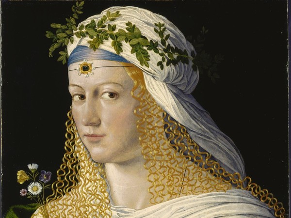 Bartolomeo Veneto (1502 - 1555), Ritratto idealizzato di Flora, La dama forse è Lucrezia Borgia, Circa 1520, tempera e olio su pannello di pioppo, 43.6 x 34.6 cm, Francoforte, Städel Museum