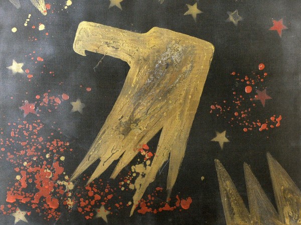 Franco Angeli, Frammento di paesaggio romano (NON Half dollar), Inizio II metà anni Sessanta, Acrilico su tela e velo nero, 102 x 102 cm, Collezione privata