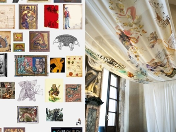 Maria Teresa Ortoleva, Triumphus Visionis, 2015, screenshot da Google. Images e veduta dell’installazione, stampa su chiffon in due elementi da 800×140 cm ciascuno × h. 270 cm