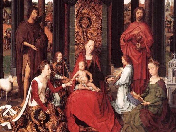 Sint Jaanshospitaal-Memlingmuseum: Hans Memling (1433 circa - 1494), Polittico di san Giovanni, 1474-1479, Olio su pannello di quercia, 173.7 x 173.6 cm (Pannello centrale) | Pannello di sinistra: La decapitazione di Giovanni il Battista / Pannello centrale: Sacra Conversazione con i Santi Giovanni Battista, Giovanni Evangelista, Caterina d'Alessandria e Barbara / Pannello di destra: San Giovanni Evangelista a Patmos