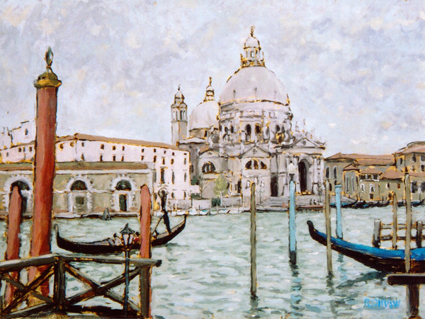 Riccardo Oiraw, Venezia gondola a Santa Maria della Salute, 2007. Olio, cm 30x40