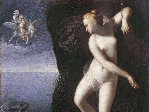 Carlo Saraceni, Andromeda incatenata liberata da Perseo, 1600-1605 circa. Olio su tavola, cm 26,5x22,5. Digione, Musèe des beaux Arts