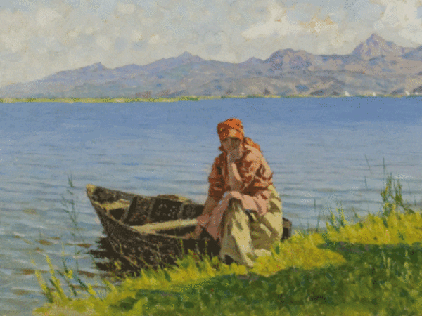 Angiolo Tommasi, La barcaiola sul lago di Massaciuccoli, olio su tavola, 28x54,5 cm, 1895, Coll. privata