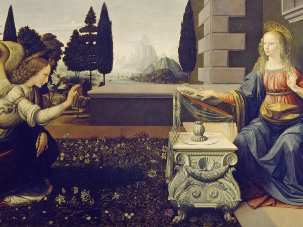 Leonardo da Vinci, Annunciazione, 1472 circa, Olio su tavola, 222 x 90 cm, Firenze, Galleria degli Uffizi