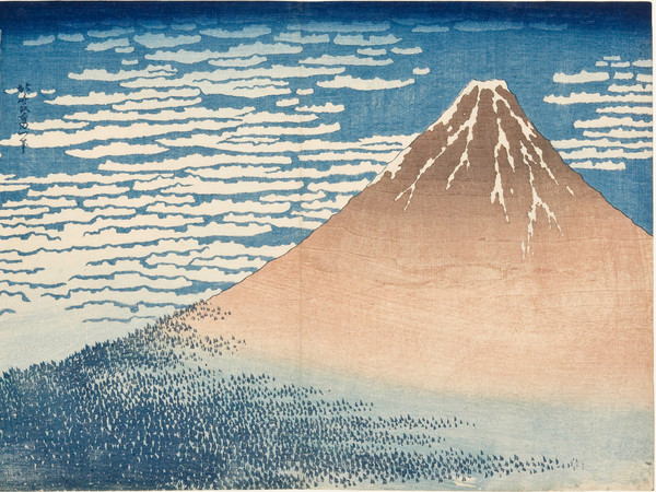 Katsushika Hokusai, <em>Giornata limpida col vento del sud (o Fuji Rosso)</em>, Dalla serie <em>Trentasei vedute del monte Fuji</em>, 1830-1832 circa, Silografia policroma | Courtesy of Kawasaki Isago no Sato Museum