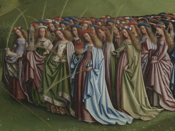 Jan e Hubert van Eyck, L’Adorazione dell’Agnello Mistico, 1432, Dettaglio del pannello centrale della Pala d'altare di Gand aperta conil corteo di sante, Dopo il restauro, Olio su tavola, Gand, Cattedrale di San Bavone | Courtesy of Saint-Bavo’s Cathedral Ghent © Lukasweb.be-Art in Flanders vzw | Photo: KIK-IRPA