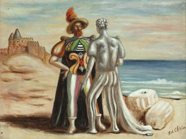 Giorgio de Chirico, Personaggi sulla spiaggia (1933), olio su tela, cm 50 x 60. © Courtesy Galleria d'Arte Maggiore G.A.M., Bologna.