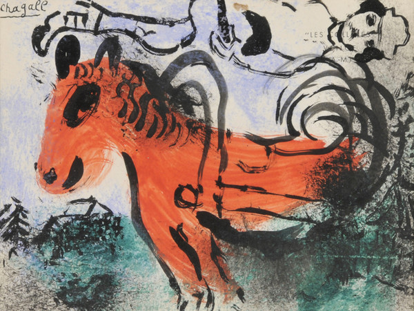 Marc Chagall, L'asino rosso, 10x14 cm, 1954. Inchiostro di china gouache e pastelli colorati su cartoncino da corrispondenza