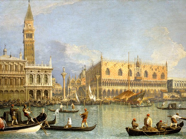 Canaletto, Il molo, Palazzo Ducale e il Campanile di San Marco, olio su tela, 51 x 83 cm. Firenze, Galleria degli Uffizi