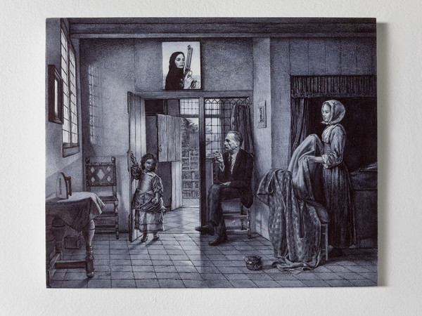 Giuseppe Stampone, Maria Crispal in her country house, 2019, bic pen on cementite on wooden support, 29 x 35 x 4 cm. 