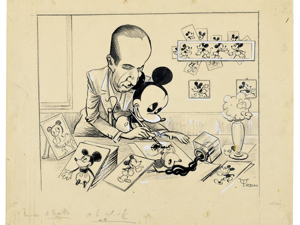 Umberto Tirelli, Studio e caricatura di Walt Disney con Topolino, inchiostro, matita e tempera su carta. Modena, Collezione privata