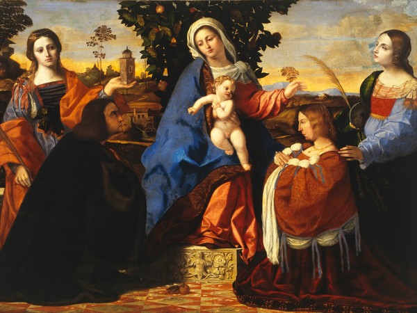 Palma il Vecchio , Madonna con il Bambino in trono tra le sante Barbara e Cristina e due committenti. Olio su tela. Roma, Galleria Borghese . © "per gentile concessione della Soprintendenza Speciale per il Patrimonio Storico, Artistico ed Etnoantropologico e per il Polo Museale della città di Roma"