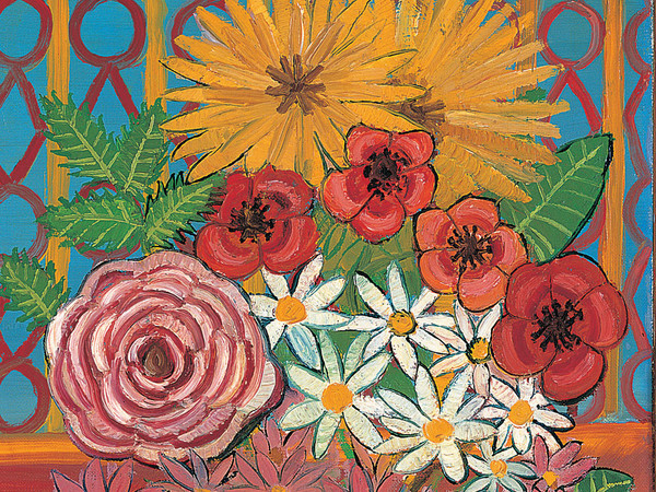 Antonio Ligabue, Tavolo con vaso di fiori, 1956, Olio su tavola di faesite, 70 x 35 cm