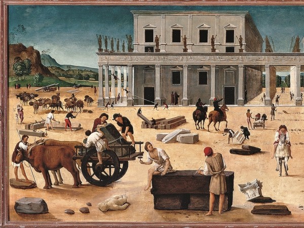 Piero di Cosimo (Firenze 1462 – 1522), La costruzione di un edificio, 1490 circa. Tavola. Sarasota (FL), The John and Mable Ringling Museum of Art