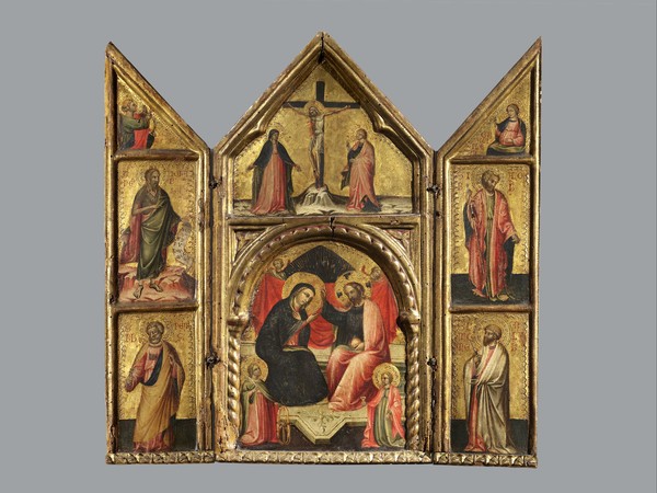Incoronazione della Vergine, Annunciazione, Crocifissione e Santi. Pittore Veneziano, trittico del XIV secolo