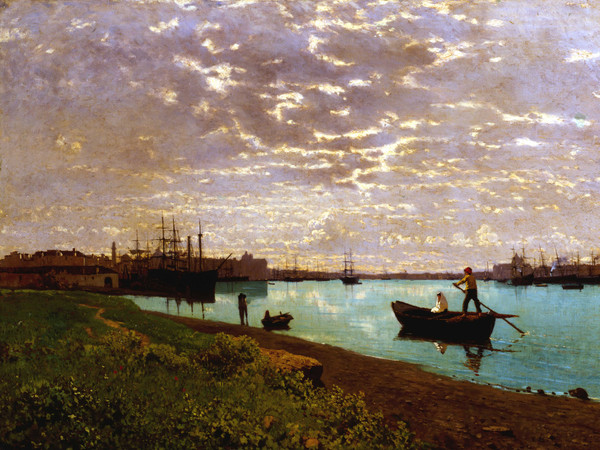 Guglielmo Ciardi, Il Canale della Giudecca all'alba, olio su tela, 62 x 102 cm. Milano, Fondazione Cariplo