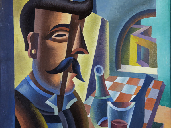 Fortunato Depero, Uomo con baffi e aperitivo, olio su tela, 46 x 38 cm, 1944. Collezione privata