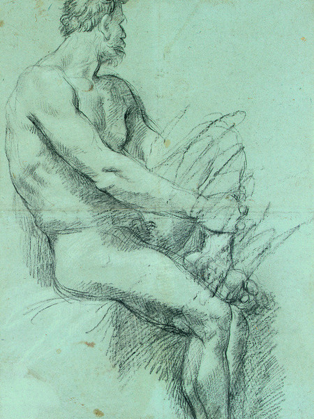 Annibale Carracci, Nudo maschile seduto. Matita nera e biacca su carta cerula, mm. 56 9x 419. Nel verso, studi di panneggio, mano e piede di epoca posteriore a matita rossa. Tiziana Sassoli, Bologna