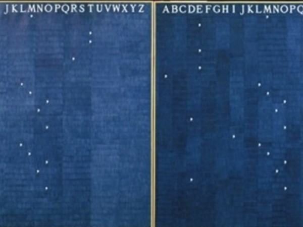 Alighiero Boetti, Mettere al mondo il mondo, 1972-1973.Penna biro su carta intelata, due elementi cm 159 x 164 x 3,5 ciascuno, misure complessive cm 159 x 328 x 3,5 