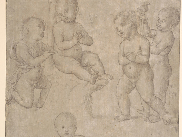 Cerchia di Raffaello Sanzio, Cinque neonati nudi in pose varie, 1500 circa.