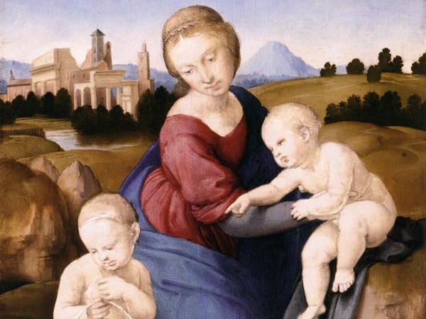 Raffaello Sanzio (Urbino 1483 - Roma 1520), Madonna col Bambino e San Giovannino (Madonna Esterhazy), 1508 ca., Tempera e olio su tavola, 29 x 21.5 cm, Museum of Fine Arts, Budapest | Public Domain