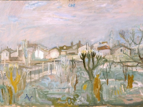 Carlo Della Zorza, Paesaggio con orti e case a Burano, olio su tela  