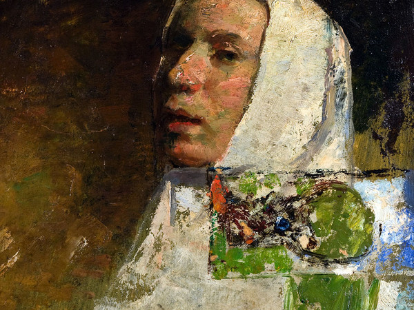 Carlo Fornara, Autoritratto a ventidue anni, con panno bianco, 1893, 30,5x24 cm, olio su frammenti di carta incollati a tavola