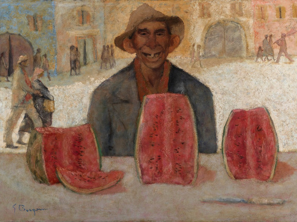 Giacomo Bergomi, Venditore di angurie, 1965 circa, olio su tela, cm. 100x150